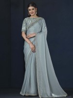 Light Blue Two Tone Satin Silk Party Wear Saree